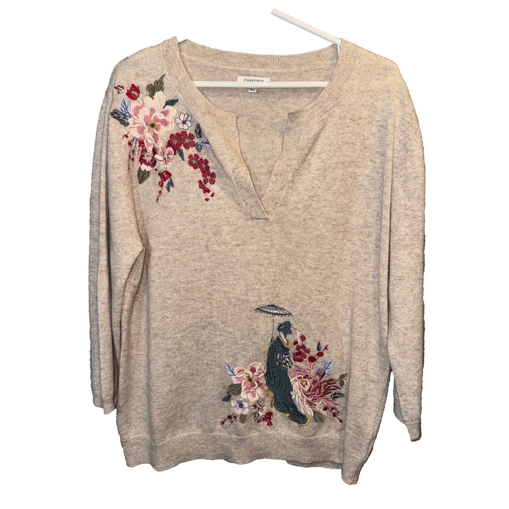 JOHNNY WAS CASHMERE ivory PULLOVER SWEATER SZ Medium Asian Geisha Chinoiserie